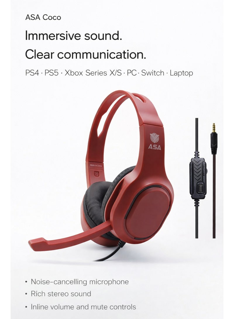 ASA Coco Wired Gaming Headset – Noise-Cancelling Mic & Immersive Stereo Sound – For PS5, PS4, Xbox Series X/S, PC, Switch & Laptop – Ergonomic Adjustable Design - Image 1