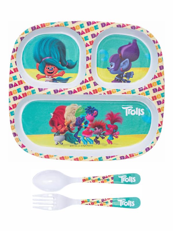 Servewell 1 pc 3 Part Rect Plate and 1 pc Fork & Spoon 16 cm Set 3 pc - Trolls - Image 2
