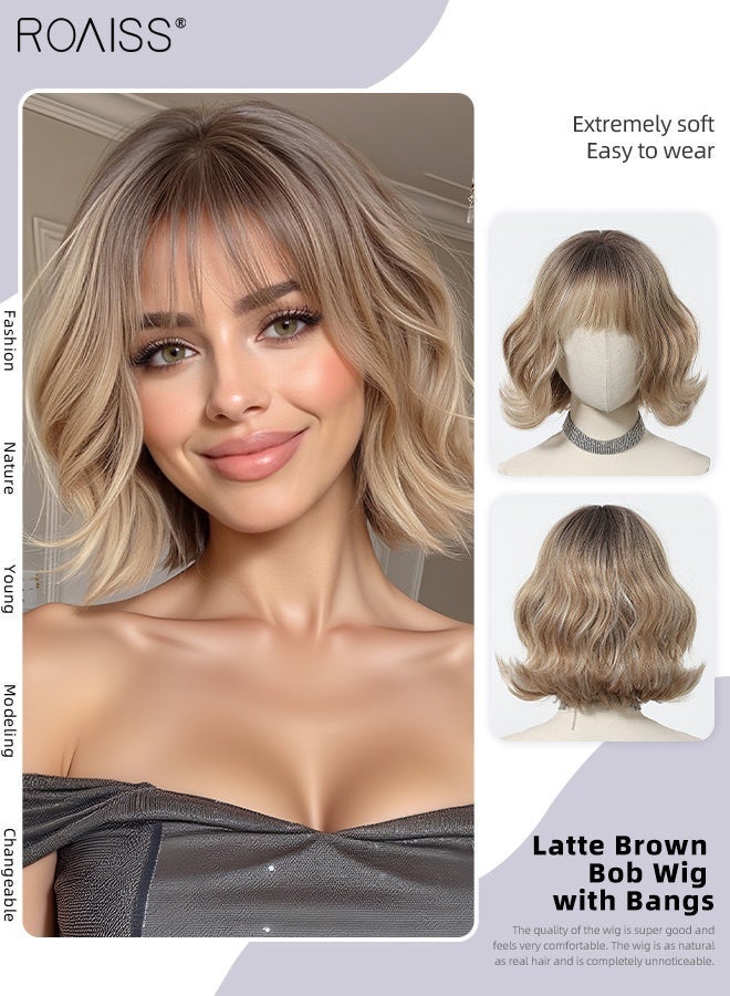 roaiss Latte Brown Bob Wig with Bangs, Women's Short Curly Wig, Synthetic Natural Heat Resistant Fiber Wig, Suitable for Daily Use, Party, Costume, Cosplay, 25cm (10 Inch) - Image 1