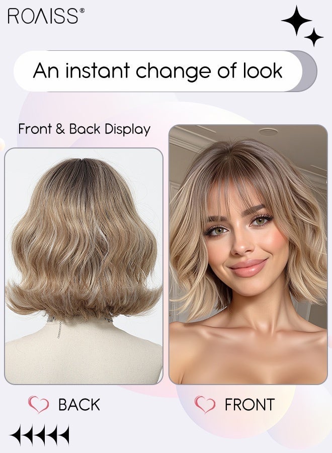 roaiss Latte Brown Bob Wig with Bangs, Women's Short Curly Wig, Synthetic Natural Heat Resistant Fiber Wig, Suitable for Daily Use, Party, Costume, Cosplay, 25cm (10 Inch) - Image 2