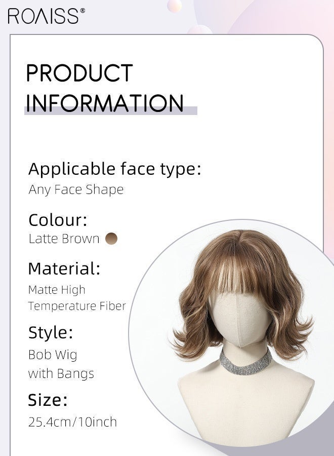 roaiss Latte Brown Bob Wig with Bangs, Women's Short Curly Wig, Synthetic Natural Heat Resistant Fiber Wig, Suitable for Daily Use, Party, Costume, Cosplay, 25cm (10 Inch) - Image 3