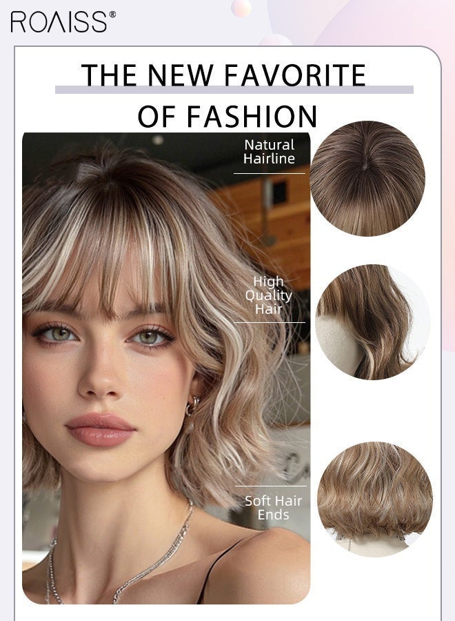 roaiss Latte Brown Bob Wig with Bangs, Women's Short Curly Wig, Synthetic Natural Heat Resistant Fiber Wig, Suitable for Daily Use, Party, Costume, Cosplay, 25cm (10 Inch) - Image 5