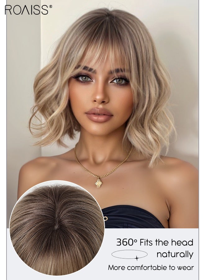 roaiss Latte Brown Bob Wig with Bangs, Women's Short Curly Wig, Synthetic Natural Heat Resistant Fiber Wig, Suitable for Daily Use, Party, Costume, Cosplay, 25cm (10 Inch) - Image 4