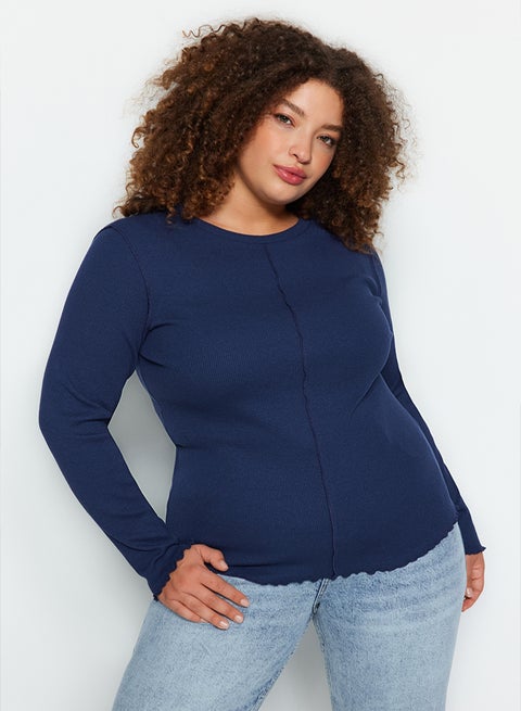 Navy Blue Crew Neck Corded Knitted Blouse