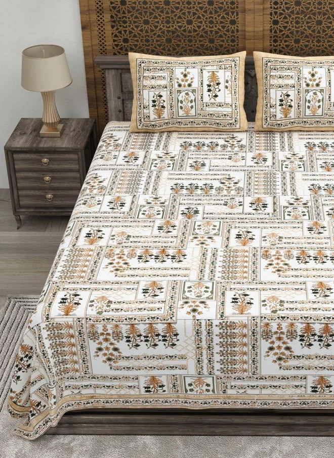 CLOTHOLOGY CLOTHOLOGY White Ethnic Pure Cotton 180 TC King Bedsheet with 2 Pillow Covers - 108 x 90 Inch