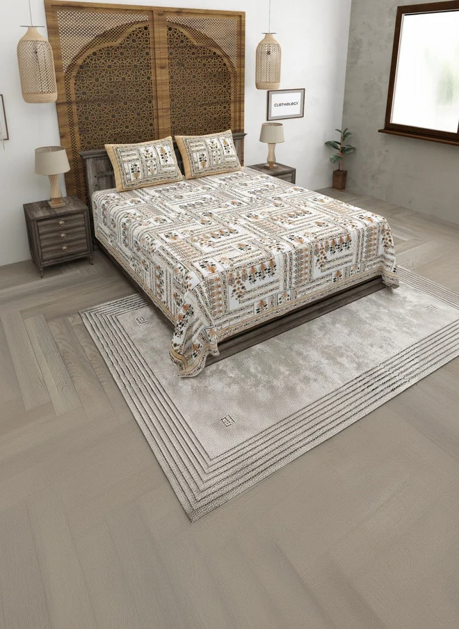 CLOTHOLOGY CLOTHOLOGY White Ethnic Pure Cotton 180 TC King Bedsheet with 2 Pillow Covers - 108 x 90 Inch