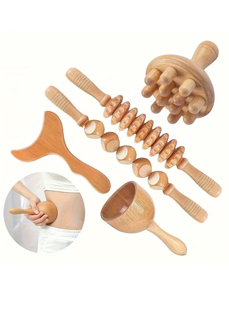 GUDOO 5 Pieces Wood Therapy Kit Massage Tools Maderoterapia Kit Wood Massager Roller Wood Gua Sha Roller Manual Wooden Fascia Massage for Release Cellulite Muscle Blasting Pain Relief Body Sculpting Tools  - Image 1
