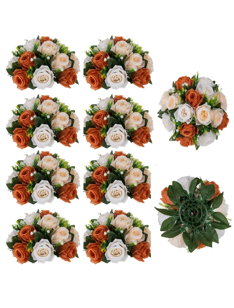 BLOSMON Flower Balls Wedding Rose Centerpieces 10 Pcs Terracotta Fake Flowers Kissing Balls Decor Artificial Floral Arrangements Silk Flower Bouquet with Base Home Party Room Table DIY Decorations - Image 1