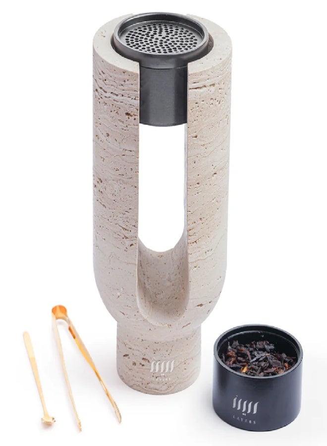 Layers Ofra (Beige Travertine) Large Incense Burner / Candle – Natural Marble with Black Accessory - Image 1