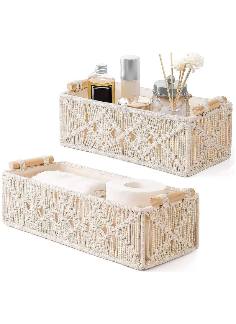 SYGNIFIC Boho Decor Storage Basket Set - 2 Pack Woven Decorative Baskets for Organizing: Countertop, Toilet Paper, Bathroom, Bedroom, Nursery, Living Room, Entryway - Shelf Basket with Wooden Handle  - Image 1