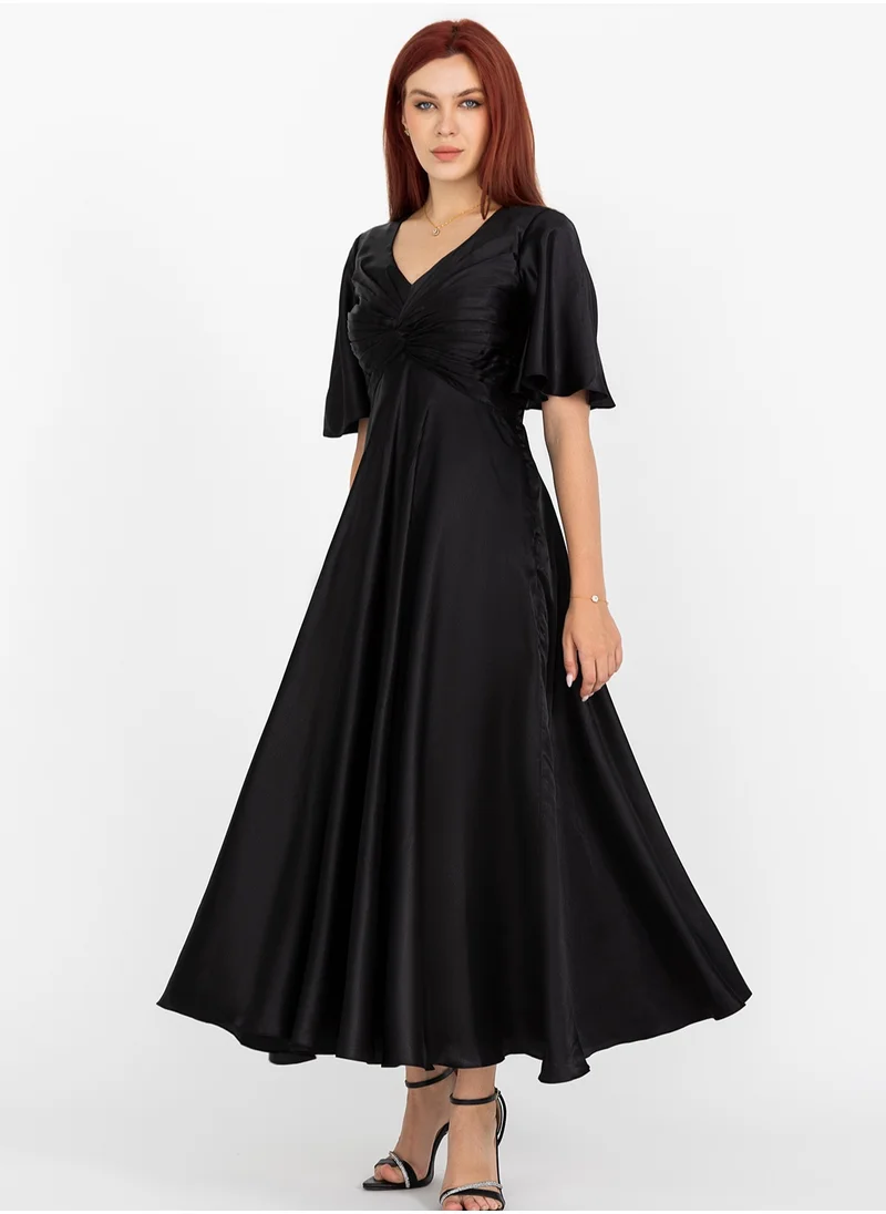 IZEL Silk Satin Front Knot Maxi Dress