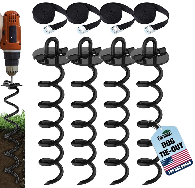 Eurmax USA 4Pc Pack Spiral Stakes Heavy Duty Anchor Kit Ice Screw Anchor for Trampoline Tents tarps Canopiescar PortsDog tie Out and etc Bonus Tie Down Straps 4Pc Pack Black