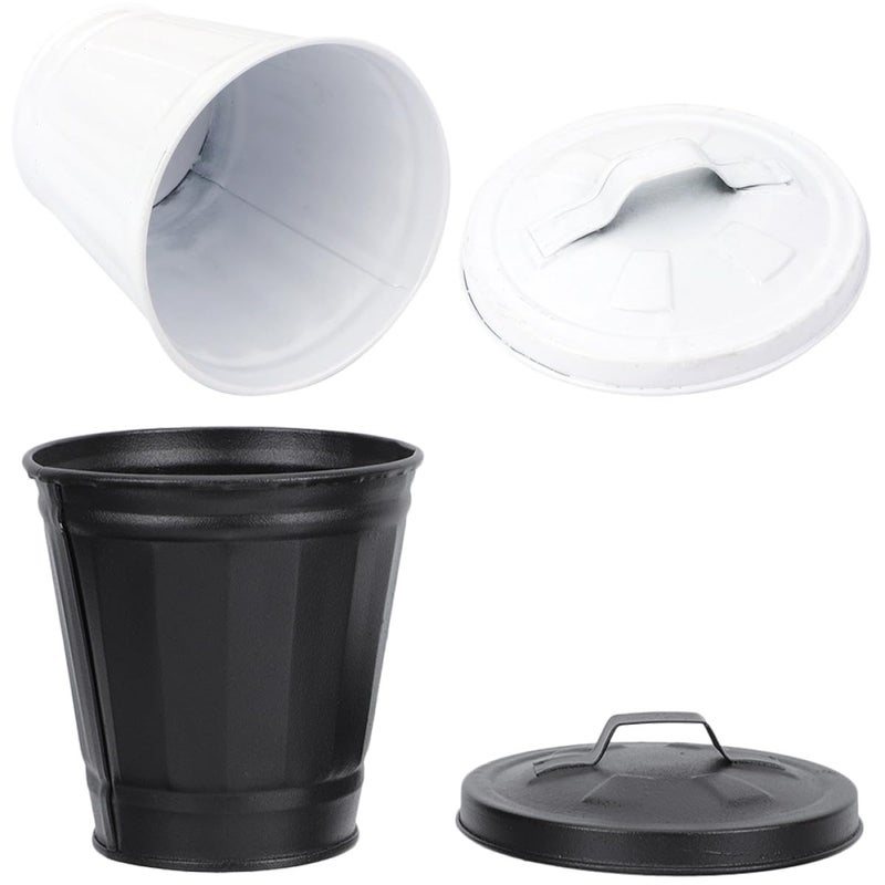 Mini Desktop Wastebasket and Metal Countertop Trash Can Set, 2pcs (White Black) Small Iron Garbage Cans for Home Office Storage - Image 1