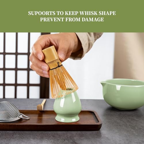 YIBO Matcha Whisk Set, Matcha Kit Bamboo Whisk and Ceramic Bowl with Spout & Measuring Spoon & Cup, Japanese Ceremony Matcha Tea Making Tools Green - Image 5