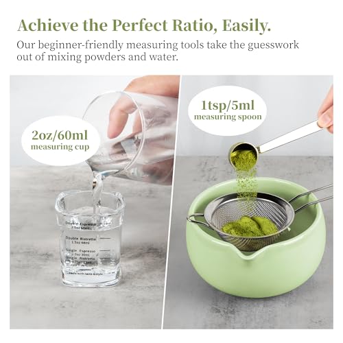 YIBO Matcha Whisk Set, Matcha Kit Bamboo Whisk and Ceramic Bowl with Spout & Measuring Spoon & Cup, Japanese Ceremony Matcha Tea Making Tools Green - Image 4