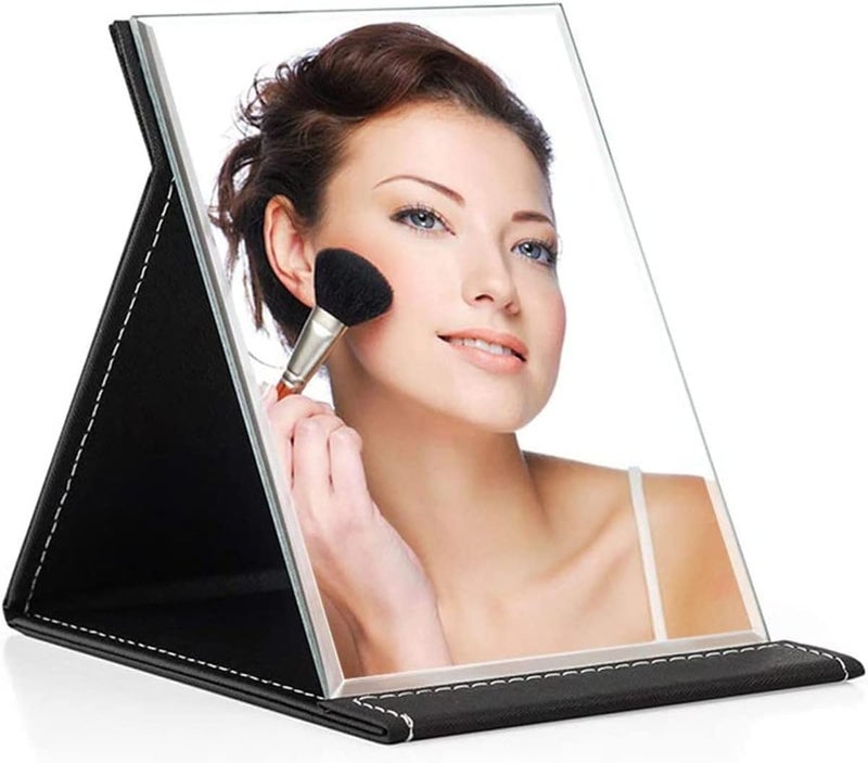VELINEX Foldable Makeup Mirror, Glass PU Tabletop Vanity Mirror Portable, Rectangular (Black-Pack of 1) - Image 1
