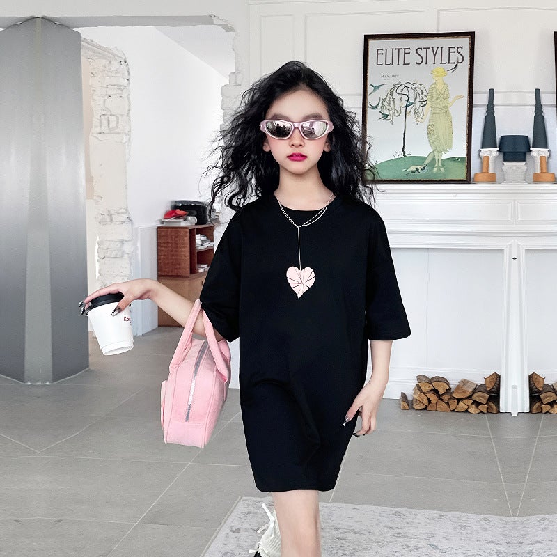 Girls Summer Cotton Short-Sleeved Long T-Shirt Skirt Children'S Loose Western Style Summer Street Top - Image 3
