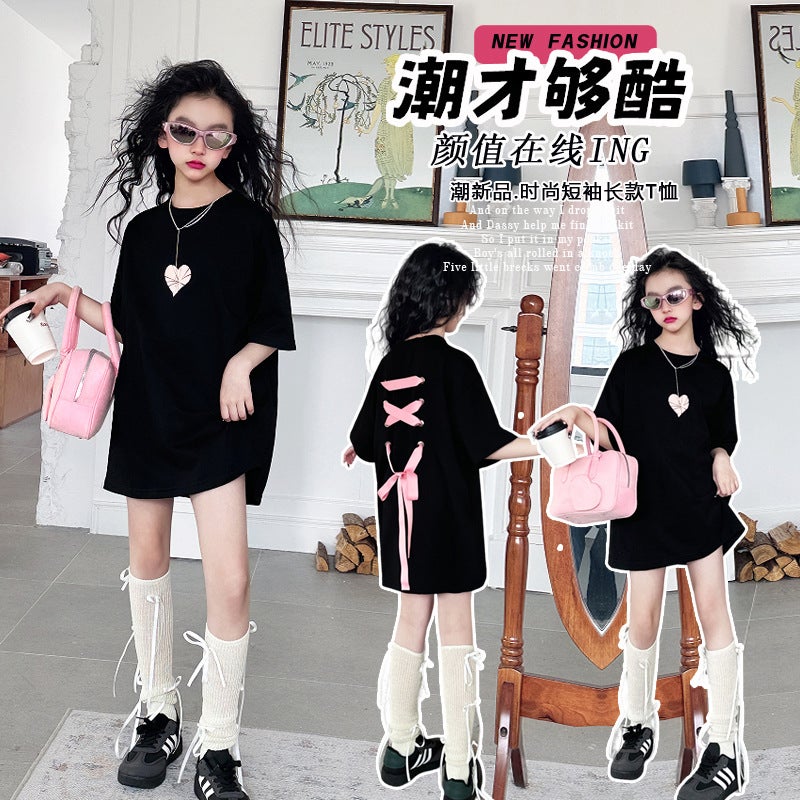 Girls Summer Cotton Short-Sleeved Long T-Shirt Skirt Children'S Loose Western Style Summer Street Top - Image 2