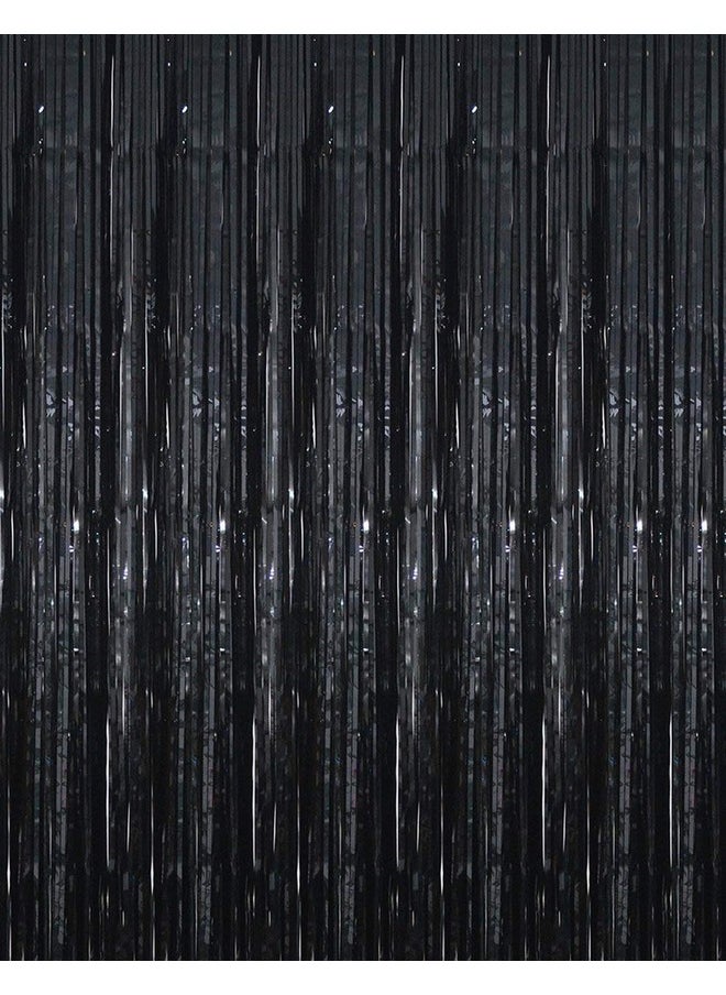 GOER 3.2 Ft X 9.8 Ft Black Photo Backdrop Party Streamers For Halloween Birthday Party 1 Pack Black Metallic Tinsel Foil Fringe Curtains Party Decorations Wedding Decor  - Image 1