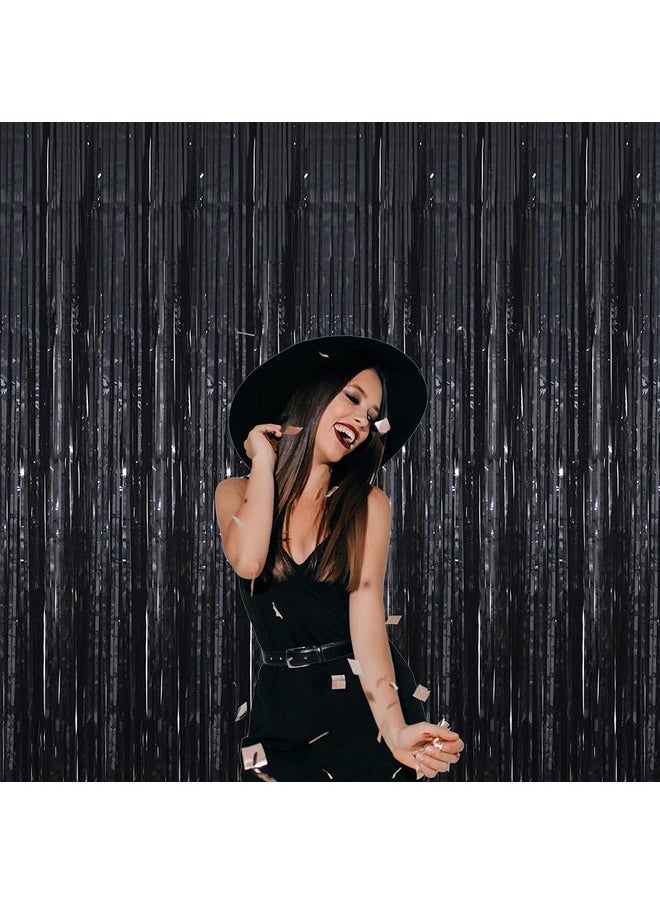 GOER 3.2 Ft X 9.8 Ft Black Photo Backdrop Party Streamers For Halloween Birthday Party 1 Pack Black Metallic Tinsel Foil Fringe Curtains Party Decorations Wedding Decor  - Image 2