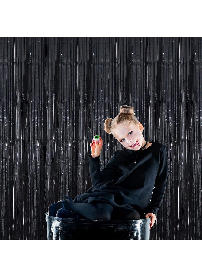 GOER 3.2 Ft X 9.8 Ft Black Photo Backdrop Party Streamers For Halloween Birthday Party 1 Pack Black Metallic Tinsel Foil Fringe Curtains Party Decorations Wedding Decor  - Image 4
