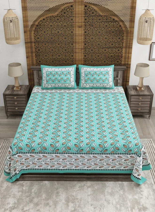 CLOTHOLOGY CLOTHOLOGY Sea Green & White Printed Pure Cotton 180 TC King Bedsheet Set
