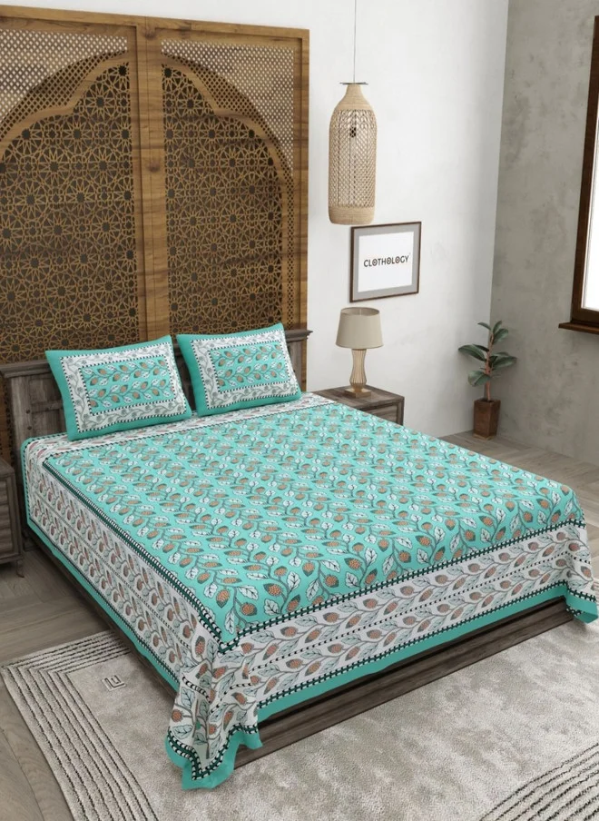 CLOTHOLOGY CLOTHOLOGY Sea Green & White Printed Pure Cotton 180 TC King Bedsheet Set