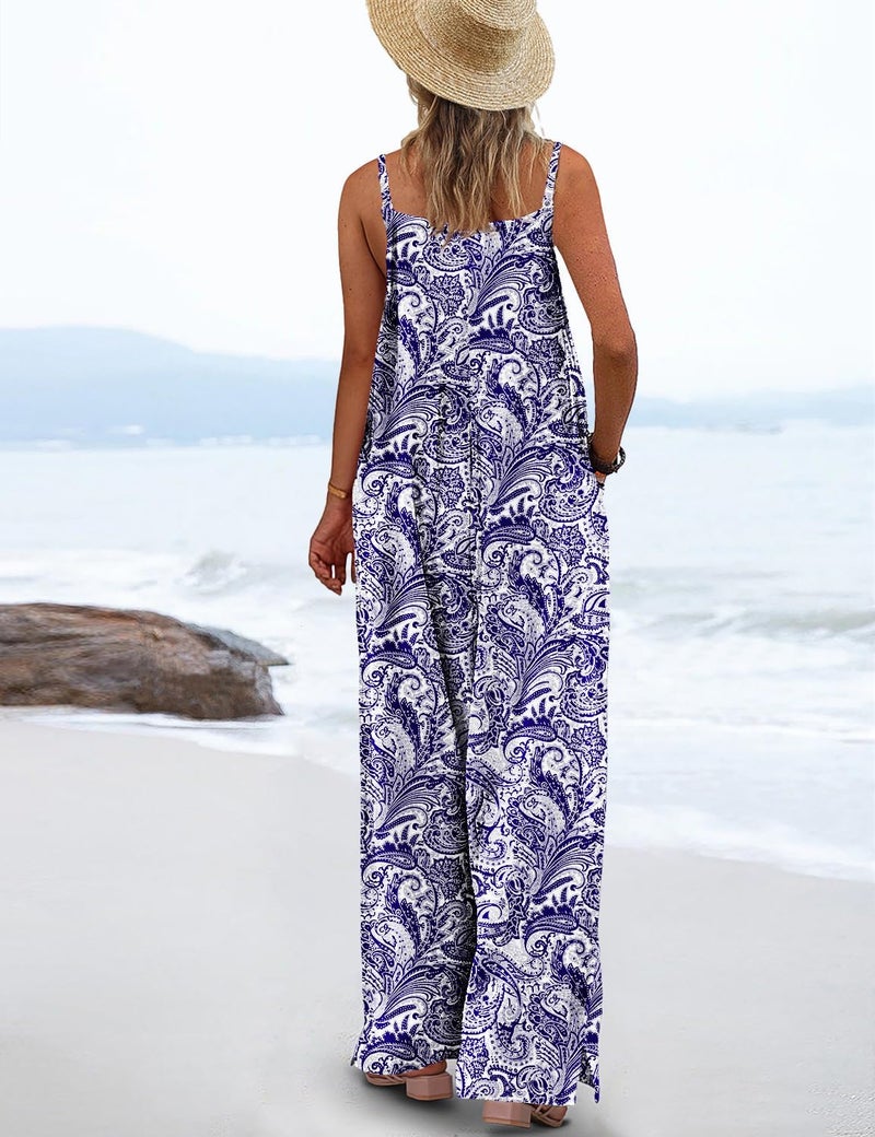 YESNO Women's Summer Boho Casual Jumpsuits Wide Leg Overalls Floral Print Baggy Rompers with Pockets XL PZZCR 148 - Image 3