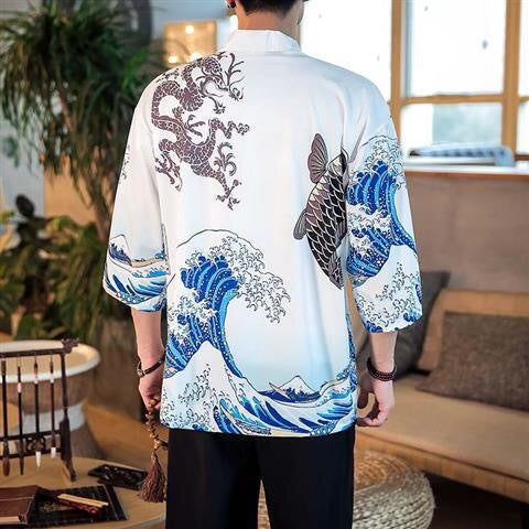 Japanese Ukiyo-e Carp Print Kimono Shirt Black