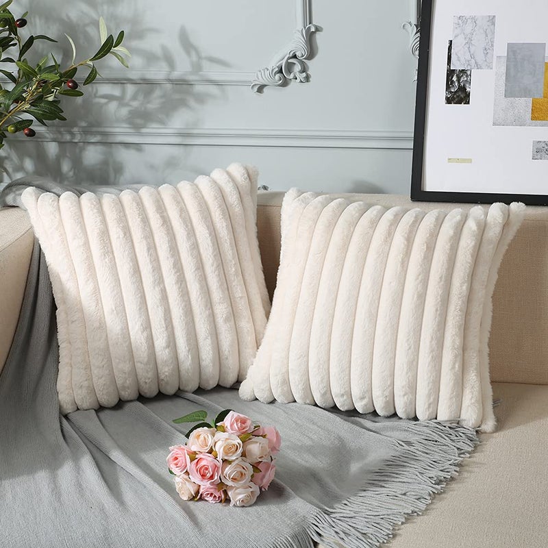Soleebee Set of 2 Throw Pillow Covers Soft Cozy Velvet Pillowcase Faux Rabbit Fur Cover for Couch Sofa Bed Chair Home Decorative Pillows Cover (20x20 Inch  Beige White) - Image 2