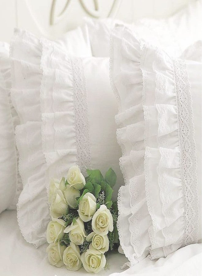 QSH Queen’s House White Ruffle Pillow Shams Cotton Vintage Embroidery Lace Pillowcases King Size Set of 2 - Image 1