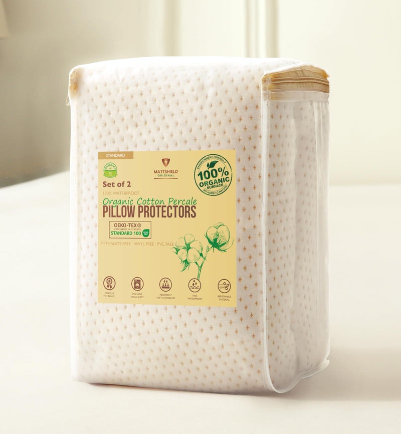 MATTSHIELD ORIGINAL 2-Pack Organic Percale Cotton Pillow Protectors - Standard - Certified Organic, Waterproof, Zippered Encasement, Soft Knit Fabric, Thick 280 GSM Cotton (Standard) - Image 1
