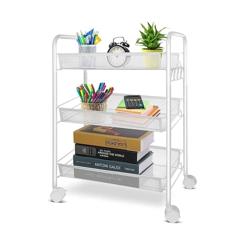 Sulfar 3 Layer Multi Purpose Stainless Steel Rotating Kitchen Trolley SpaceSaving Fruits Vegetables Storage Rack Organizer White - Image 1