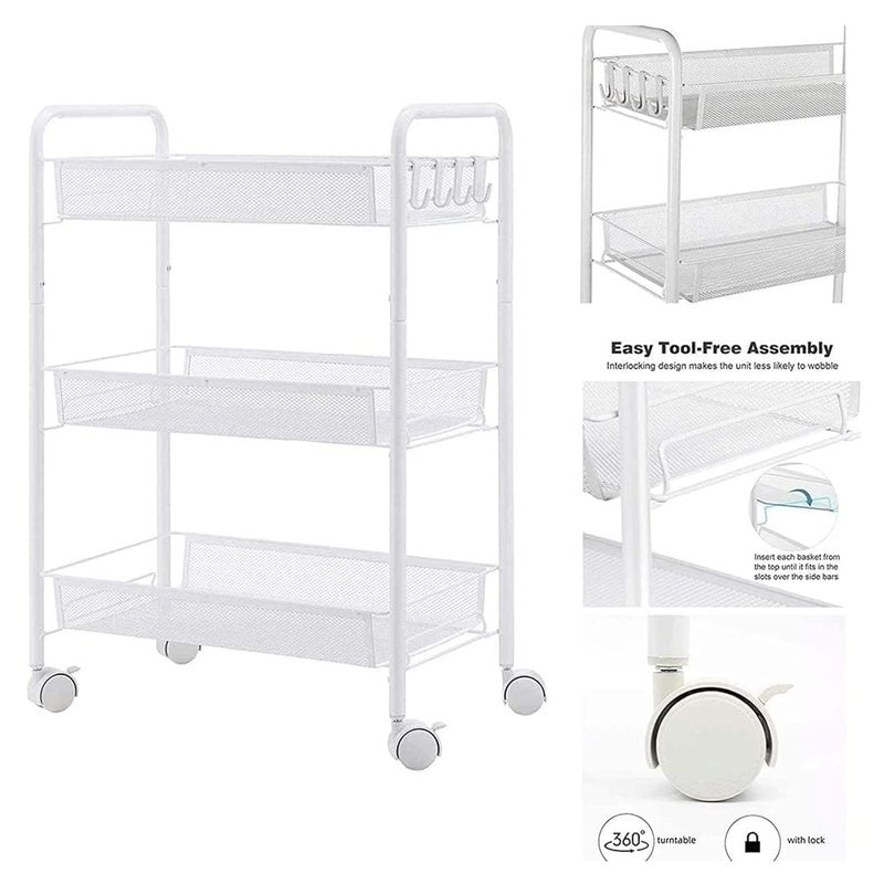 Sulfar 3 Layer Multi Purpose Stainless Steel Rotating Kitchen Trolley SpaceSaving Fruits Vegetables Storage Rack Organizer White - Image 4