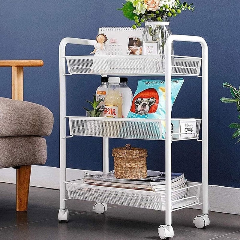 Sulfar 3 Layer Multi Purpose Stainless Steel Rotating Kitchen Trolley SpaceSaving Fruits Vegetables Storage Rack Organizer White - Image 3