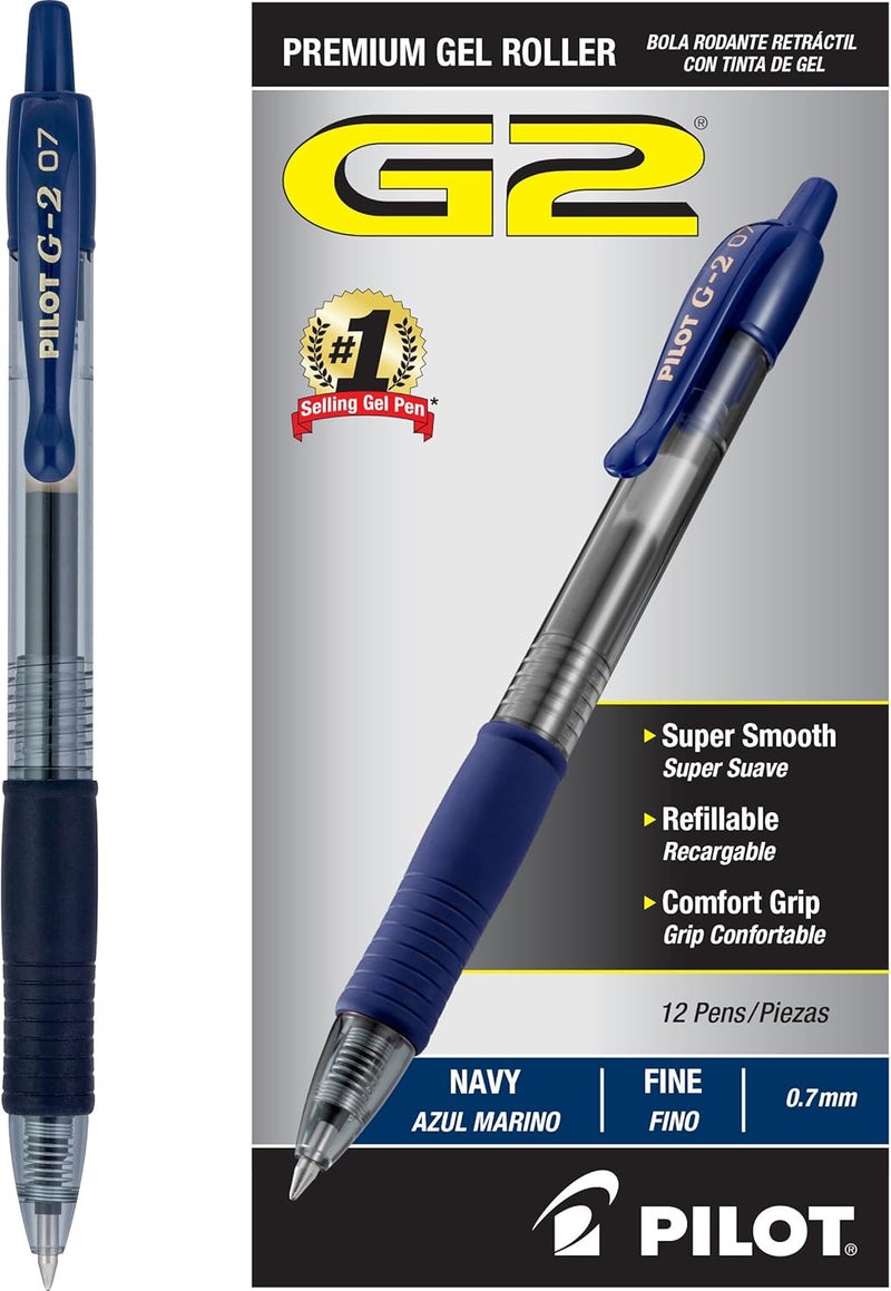 PILOT G2 Premium Gel Roller Pens, Fine Point 0.7 mm, Navy Ink Pens Fine Point, Pack of 12 - Ideal for School, Journaling, and Office Writing - Image 1