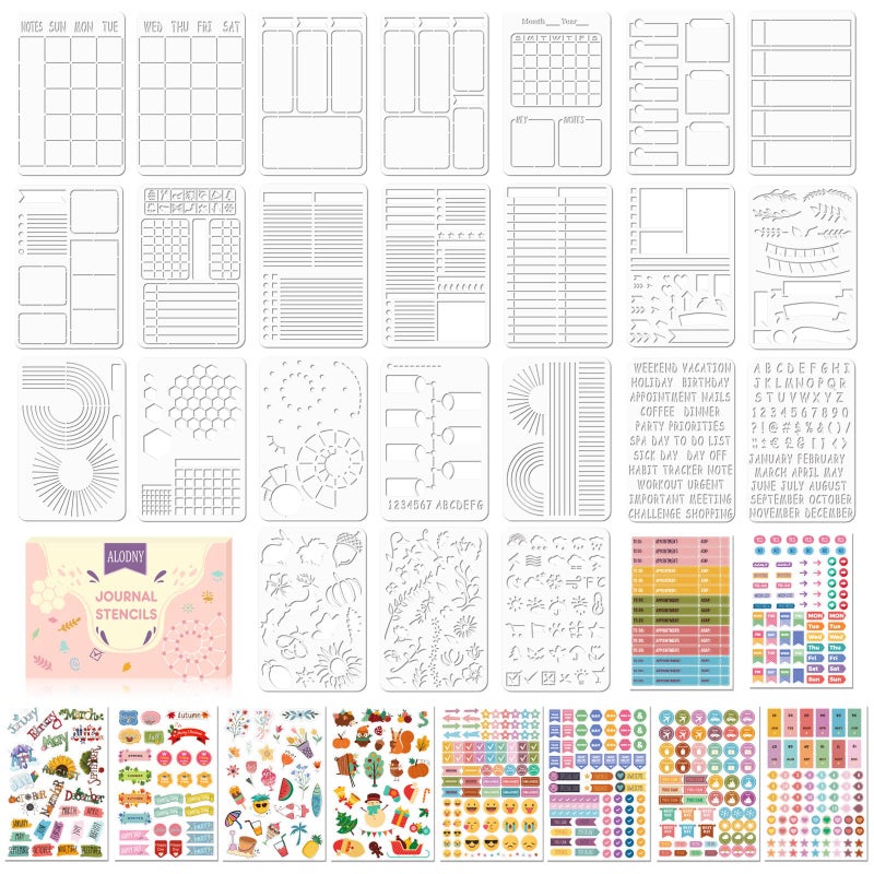 ALODNY Bullet Journals Stencils Set  24Pcs Dotted Planner Stencil  10Pcs Journal StickersJournaling SuppliesAccessories Kit