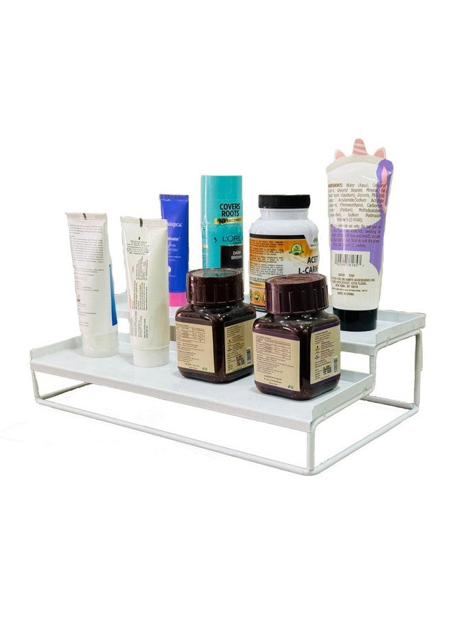 Go Hooked 2-Tier Step Standing rack Spice Bottle Rack Utensil Holder Food Storage Organizer for Cabinet Cupboard Pantry Shelf Bathroom organizer Rack (White, Pack of 1) - Image 1