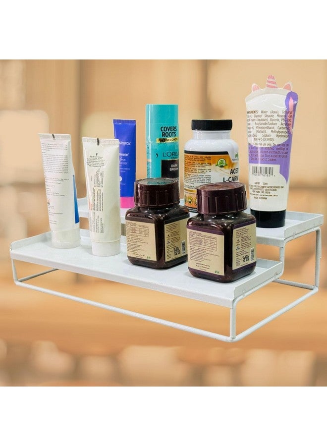 Go Hooked 2-Tier Step Standing rack Spice Bottle Rack Utensil Holder Food Storage Organizer for Cabinet Cupboard Pantry Shelf Bathroom organizer Rack (White, Pack of 1) - Image 5