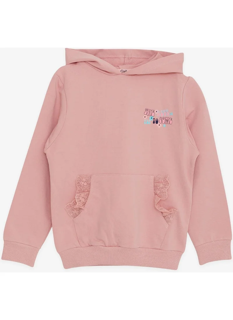 Breeze Girl's Sweatshirt Kangaroo Pocket Text Printed Laced Dusty Rose