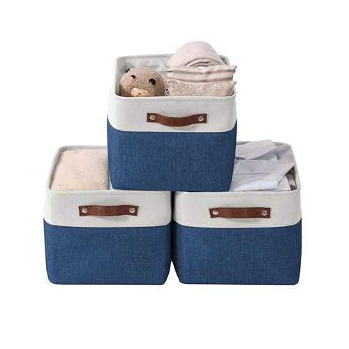 DECOMOMO Storage Bins Fabric Storage Baskets for Shelves Linen Closet Organization Toys Nursery Navy Blue and White Large  3 Pack