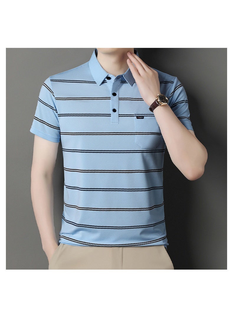 Summer Short Sleeve Men's Polo Shirt Striped Casual Chest Pocket Design Man Polos T-shirt - Image 2