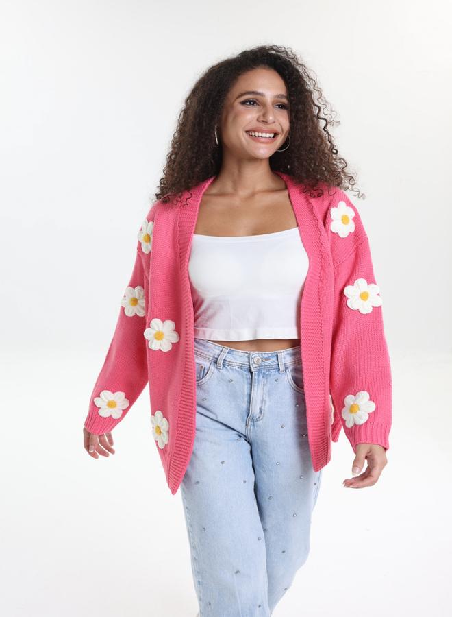 Take Two Plus Size Pink Flower Embroidery Knit Cardigan - Image 5