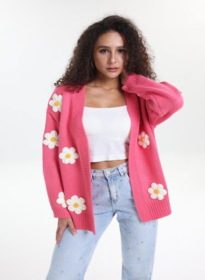 Take Two Plus Size Pink Flower Embroidery Knit Cardigan - Image 4