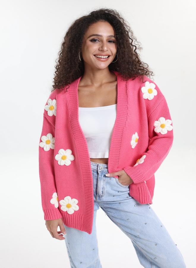 Take Two Plus Size Pink Flower Embroidery Knit Cardigan - Image 3