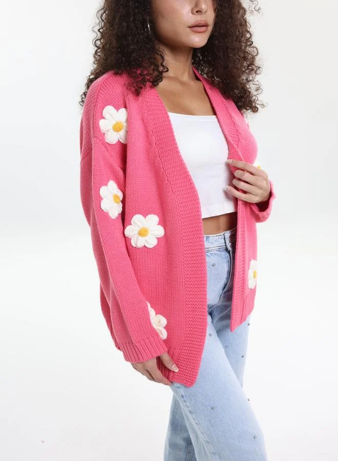 Take Two Take Two Plus Size Pink Flower Embroidery Knit Cardigan