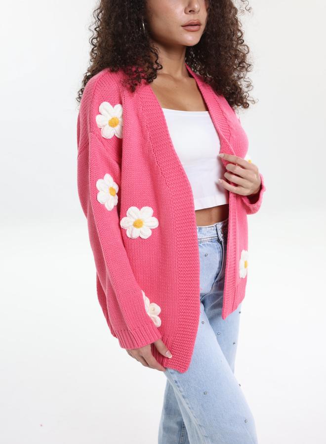 Take Two Plus Size Pink Flower Embroidery Knit Cardigan - Image 1