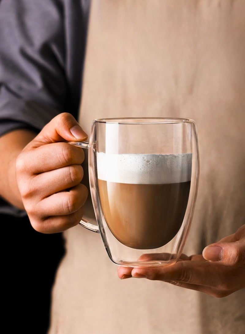 1Chase Set of 2- 350ML Double Wall Glass Cups . Heat-Resistant Coffee & Tea Mugs with Handle - Image 2