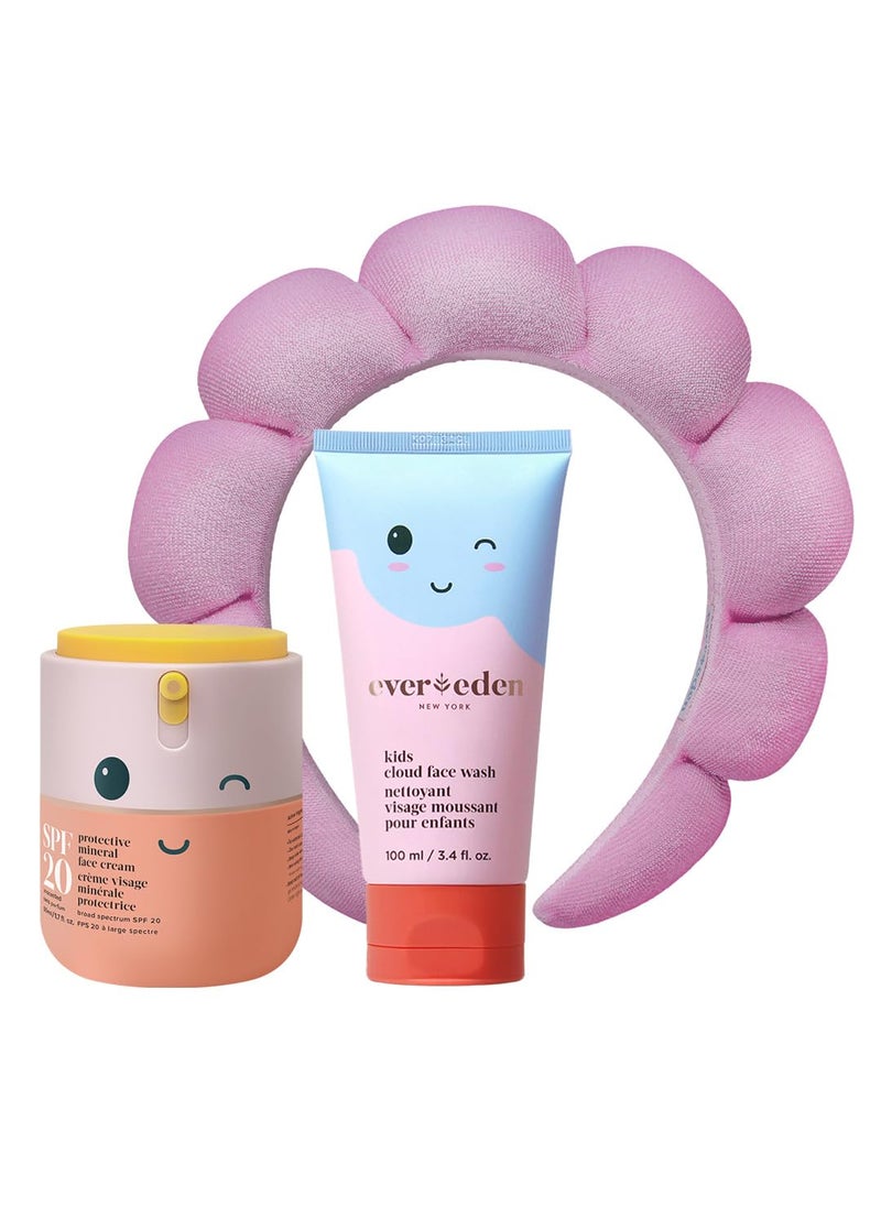 Evereden Kids Happy Morning DUO with Spa headband for Girls Clean  Vegan Skin Care for Kids Bundle  Kids Skin Care Cloud Face Wash  SPF 20 Mineral Face Cream  NonToxic  EasytoUse Skincare for Kids 