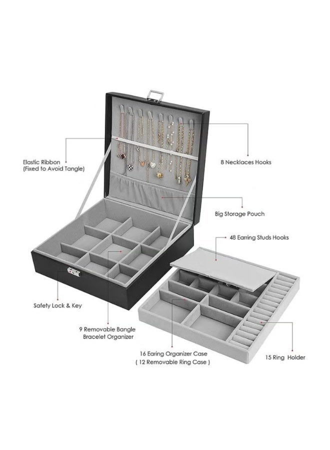 Arabest Universal Jewelry Box for Men and Women 2-layer Large Jewelry Storage Box with Lock Necklace Bracelet Earring Ring Jewelry Storage Box Black - Image 5